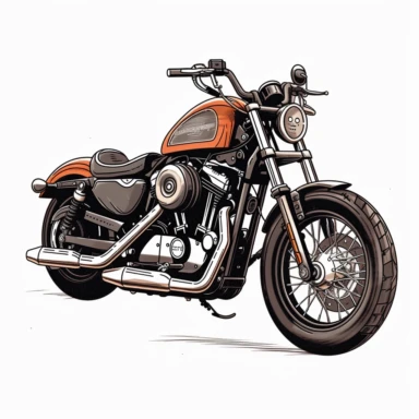 Create a simple and recognizable clipart-style image of a Harley-Davidson Sportster in a side view. The clipart should be easy to recognize and distinguish from other types of motorcycles. The Harley-Davidson Sportster should be drawn in a clean and minimalist style, using simple lines and shapes to convey its essential features and contours. The image should be easy to resize and scale without losing quality or detail, and should be suitable for use in a variety of contexts, including print and
