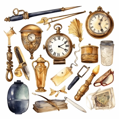 watercolour Collection of golden vintage accessories and antique objects. Old keys, clock, loupe, compass, ink feather pen, scissors, glasses isolated on white background. Clip art