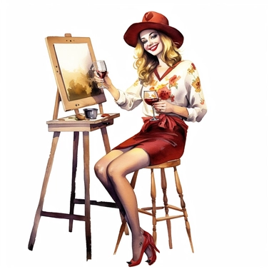 watercolour pretty lady sitting on a stool with wine glass in one hand smiling painting a canvas on an art easel hd clipart white background