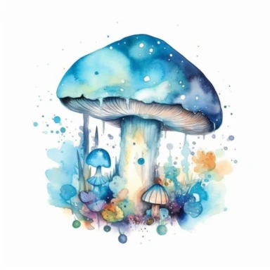 magic blue mushroom watercolor art, dreamy clipart, trippy, occult, circular frame, white background, painterly, colorful