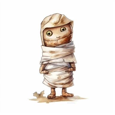 watercolor style, Mummy: A wrapped-up figure representing an ancient Egyptian mummy, depicted with bandages and glowing eyes. clipart, isolated on white background, 4K