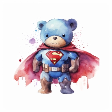 a courageous watercolor clipart image with a white background, featuring a cute cartoon bear superhero with a superhero suit