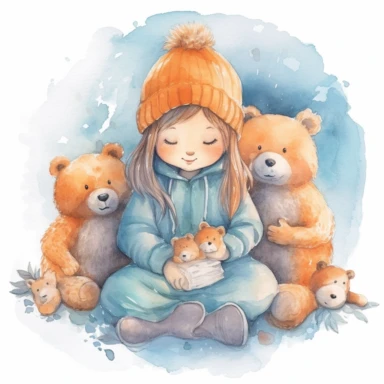 watercolor clipart cute bears with little girl, in the style of uhd image, naturecore, whitcomb-girls, cottagecore, light orange and dark cyan