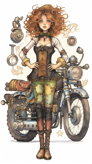 watercolor steampunk girl entire body illustration in front of a steampunk motorcycle clipart by holly hobbie and mary engelbreit