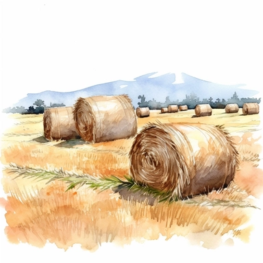 realistic watercolor drawing of a several bale of hay in the middle of a field spread out in distant background, on a white background where the background will be removed to repurpose as a clipart.