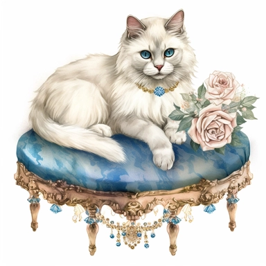 make a clipart of watercolor fairytale white fluffy princess cat with a gold jeweled tiara and blue eyes, laying on a blue victorian foot stool, and roses, rococo, shabby chic
