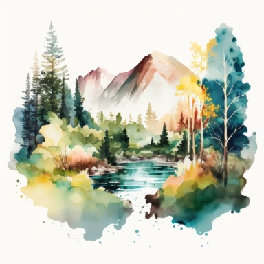 aquarel, jaw dropping beautiful forest landscape with mountains and river in the sun, nature, clipart png, white background