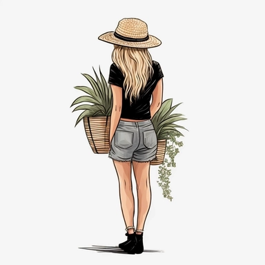 girl with back to viewer wearing short black skirt anf hat long blond hair, standing next to a plant pot, clipart