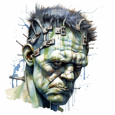 A haunting portrayal of Frankenstein's monster, with his stitched-up face, bolts protruding from his neck, and a sense of both sadness and menace in his eyes. Clipart, watercolor, white background, intricate detail.