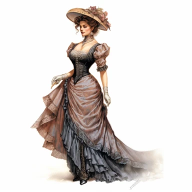 A Victorian lady in a victorian outfit. Her poised expression and magnetic gaze draw you into her world of Victorian splendor. Against a white background, the intricate details of her attire, including the flowing silhouette and intricate drapery, are depicted with exceptional detail and lifelike realism. Clipart, watercolor, white background, intricate detail, unreal engine cinematic smooth