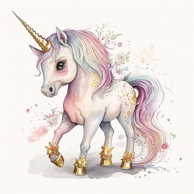 fantasy baby unicorn, clipart watercolor illustration, aquarallist, cute, big eyes, pretty pink, unicorncore, fairycore, free brushwork, watercolor, light and bright, four legs, gold horn, sparkle, skarklecore, detailed, isolated on a white background,