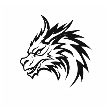 minimalist epic dragon head side-view logo, simplified, silhouette, iconographic symbolism, clipart in coloring page style, black and white, white background