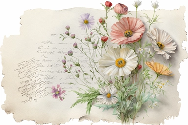 Old page damaged by time with old handwriting and a bouquet of wildflowers, poppy, daisy, watercolor pastel color clipart, soft light, white background
