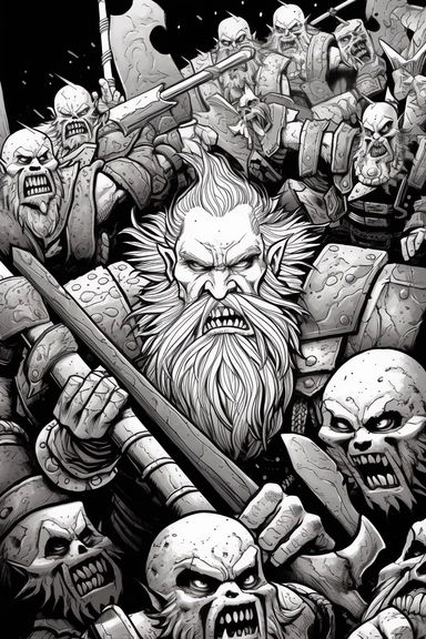 realistic style, bold black lines, fantasy dwarf armies in combat with orcs using axes and hammers hitting themed colouring page, bold black lines, clipart, digital art, colouring page for adults