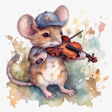 adorable Mouse playing the fiddle, watercolor clipart fantasy magic, old-world clipart