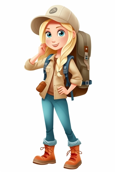 pretty mom straight blonde hair in a camping outfit, cartoon style, clipart, white background, transparent background