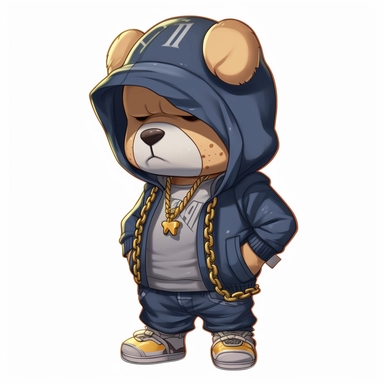 tough looking teddy bear Clipart, teddy bear with a gold chain and a baseball cap turned backwards, wearing baggy pants and a hoodie, png