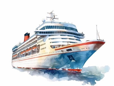 Watercolor clip art on white background, cruise ship, Clipart, high-resolution image with vibrant and true-to-life colors, isolated