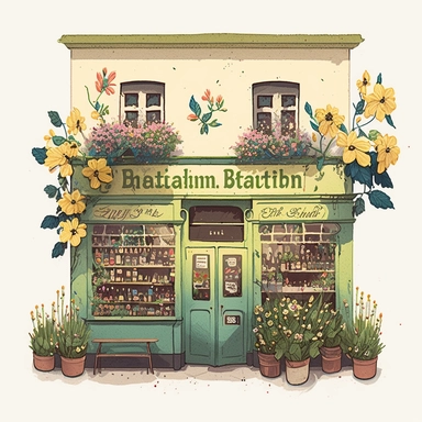 a German beer shop in Berlin, white background, detailed, sharp, vibrant colors, mint, yellow, watercolor texture, ink, 2d anime style, glowing from inside, big flowers, many small flowers, magical, clipart