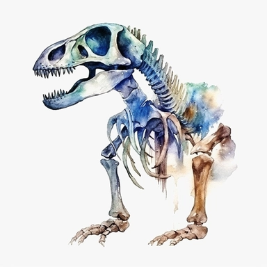 Watercolor dinosaur skeleton clipart, white isolated background, space out, hd