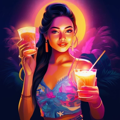 Illustrate a clipart image showcasing a beautiful thai woman with radiant eyes that shine brightly drinking a glow in the dark, neon, coconut. Use a rich and diverse color palette to enhance her appearance, and ensure the image is detailed and crisp. The background should be pure white