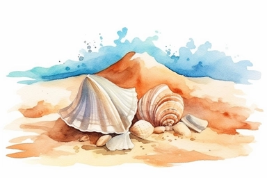 watercolor clipart, sand on a beach, contour, isolated white background, low color saturation,