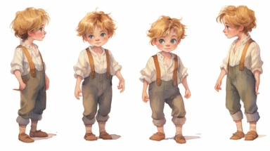 Watercolor , illustrations clipart, character sheet ,cute little boy  Hansel EDIM ( hansel character from the hansel and gratel fairy tale) in poor clothing, various emotions--seed 900