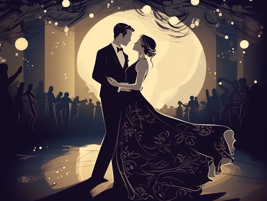 A romantic clipart capturing the bride and groom's first dance as a married couple. The bride's flowing gown and the groom's dashing suit accentuate their elegance and grace as they share a special moment on the dance floor, surrounded by an atmosphere of love and enchantment.