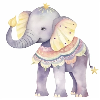 One cute decorated circus elephant standing on its hind legs clipart, style as seen on Etsy. Cartoonish appearance with exaggerated body proportions, but atomically correct limb positions and number. Perfect for decorating a baby's nursery. Varied bright pastel watercolors, loose, gestural brush strokes. Dreamy, ethereal, lively, playful. Lots of cute details, such as stars, clouds, flowers, hearts and balloons. Decorative patterns, like polka dots, stripes and floral designs. Enchanting, whimsi