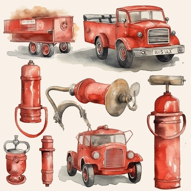 Watercolor Firetruck Clipart - Fire Extinguisher - Fire Hydrant - Water - Fire Alarm - Axe - Fire