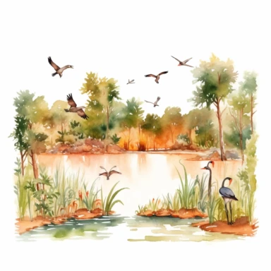 watercolor hunting scene in forest or fields with lake in vicinity where bird flocks take off in numbers , illustrations clipart set, simple, , cartoon elements ,different variants , natural elements, separate elements with a margin, ,4k, high resolution, , natural colors, vibrant green tones, birds,
