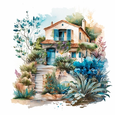 beautiful watercolor clipart of a view of a Mediterranean house in a village with plants near the Mediterannean sea, warm summer blue, aqua and white hues, compositions on an isolated white background. Bright landscapes illustrations, highly detailed