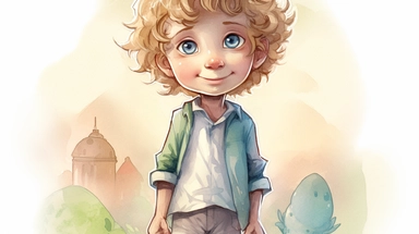1 smiling boy, book illustration, front view, no eggs: 2, legs, shoes, standing, children's book, five years old, curly hair, blonde hair, watercolor clipart, full illustration, 4k, sharp focus, watercolor, smooth and soft Skin, symmetry, soft lighting, detailed face, concept art, watercolor style, strybk, kid style fairytale, chibi kawaii,. Octane rendering, 3d, perfect face, detailed face, delicate face, perfect sharp lips, detailed eyes. Craig Davison, Aubrey Beardsley, Conrad Roset, Aikut Ai