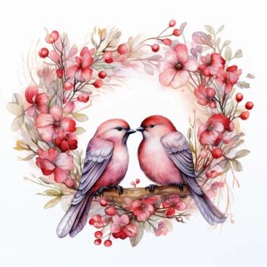 Romantic Clipart, Anniversary Celebration, Heart Wreath, Love Elements, Red and Pink Colors, Wedding Rings, Lovebirds, Watercolor, single design,