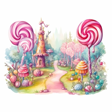 Fairytale style beautifull candy forest in the candyland with watercolor effect,candyland scene,candies,fantasy style,realistic features,vibrant colors,suitable for digital clipart,white background