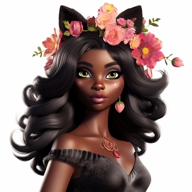Barbie dressed as a black cat, Halloween, dark skin, beautiful face, flowers, high quality, clipart, white background