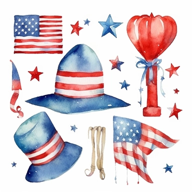 4th of July, watercolor clip art AR 3:2
