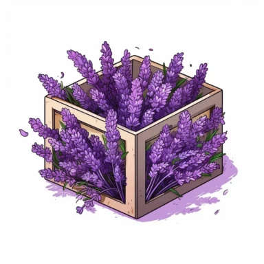 square box open with many lavender flowers in it, vector clipart style, solid white background