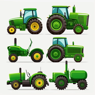 cute colourful vibrant green farm tractor vehicles, each side profile view front view, rounded edges, rounded corners, detailed vector clean illustration, clipart, svg, white background