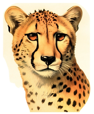 Vintage 1920 Front View Portrait of Cheetah Head looking at the camera Illustration , Chromolithograph, Die Cut, 1920s Illustration, Vintage, Chromolithograph, Colorful, Antique, Ephemera, Clipart, 8k, Isolated on white