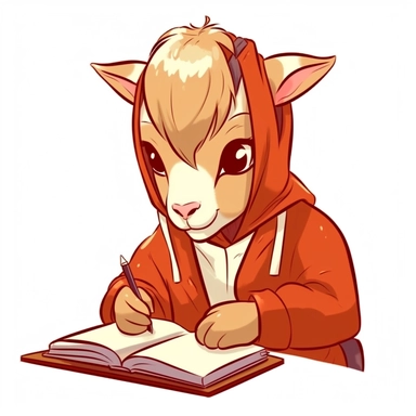 goat kid writing in a book while sitting at a desk at school clip art vector, simple, thick cartoon lines, white background, anime style