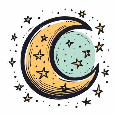 very simple yet funky clipart comic image of a 60s style quarter moon on a white background -