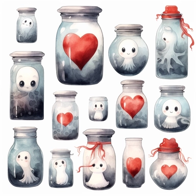 Collection of little flying baby ghost face, transparent glass jar and red love heart. Hand drawn watercolour graphic drawing on white, cutout clip art elements for print, invitations, banners, cards