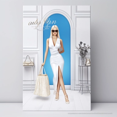 full view, clipart illustration, beautiful blonde lady posing dressed in white bodycon dress, standing in beautiful room with designer clothes on clothes rack and shopping bag, sharp focus, high detail, 8k, photo realistic, transparent background, (--iw 5)