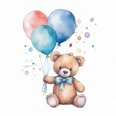 Watercolor Cute Teddy Bear Holding ballons Cliparts,minimalist, isoiliated white background