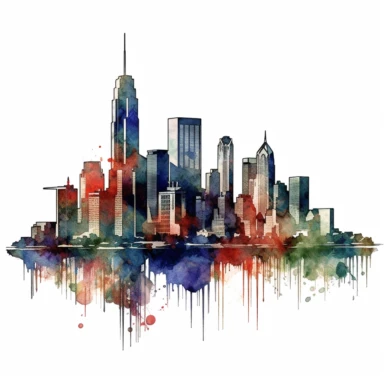 a United States New York Skyline in the style of watercolour clipart with detailed brush strokes