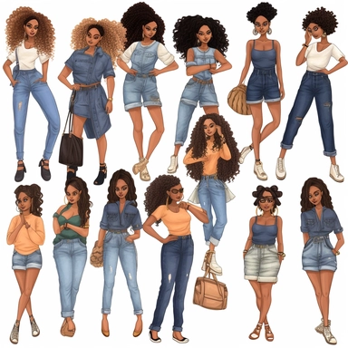 Denim girl clipart, Denim clipart, Fashion girl clipart, wearing denim shorts, brown leather sandals, Jeans Girl Clipart, African American clipart, Afro girls clipart, Clipart, ultra realistic, hand drawn,wearing the white crop tops, all with beautiful bright smiles, Full body. Clothing line, retail fashion, 2023, fashionnova, African american, mid sized models. Highly detailed. very attractive, glamorous, make up beautiful, gorgeous, glowing make - up. full body and heels. multiple outfits. ind
