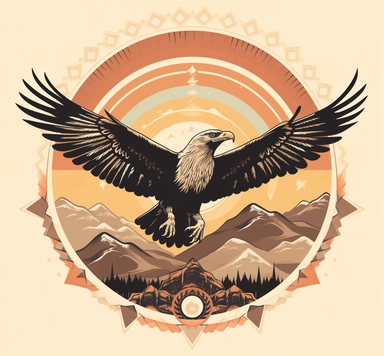 eagle, a native american spirit illustrative clip art, vector graphic, clip art, in the style of black mountain college, colorful washes, animated gifs, aerial view, ndebele-inspired motifs, iconic rock and roll imagery, light beige and orange