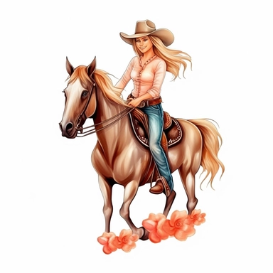 Cute Beautiful Cowgirl Ride a horse full body Sublimation Clipart,Cartoon,hyper realistic, intricate detail, illustration style,high solution , on the white background