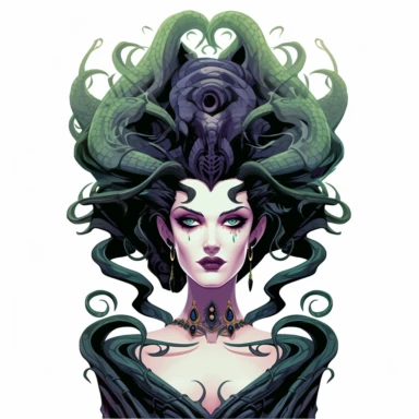 2d thick-lined disney clipart illustration of the head of medusa with snakes, white background